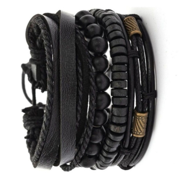 MENS Boho Beaded Leather Black Bracelet Set NEW 2 pieces in package. - Picture 6 of 7